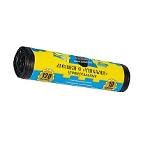 Мешки для мусора 120 л, с ушками, черные, в рулоне 10 шт., ПНД, 13 мкм, 1050х680 мм, Крепакоф, 4607075710436 в Симферополе